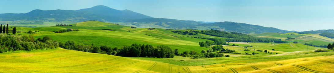 Obraz premium Stunning view of fields and farmlands with small villages on the horizon. Summer rural landscape of rolling hills, curved roads and cypresses of Tuscany, Italy.