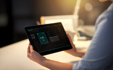 business, deadline and technology concept - businesswoman holding tablet pc computer with virtual projection working at night office