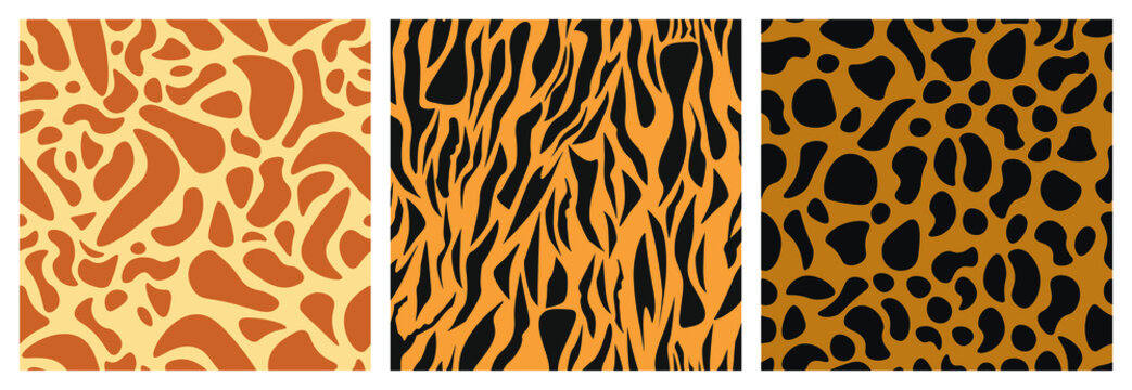 Seamless pattern with animal skin textures. Giraffe, tiger and leopard color fur hair vector design.
