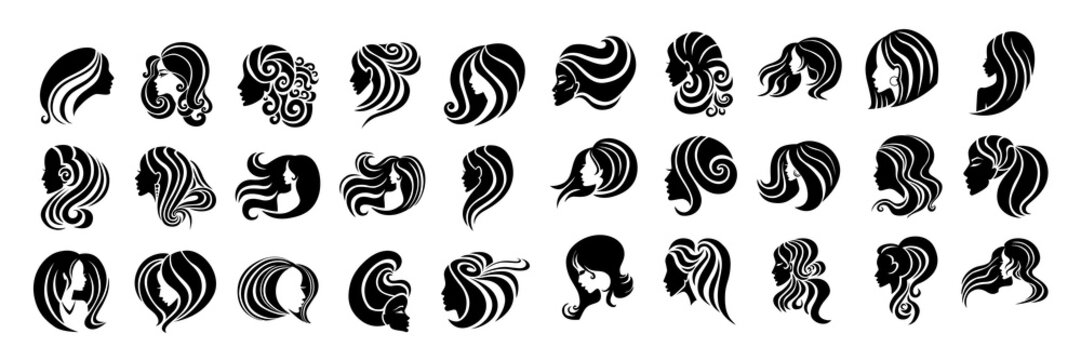 Bundle - 30 vector illustration woman with beautiful hair. Vector illustration. Beauty salon logo