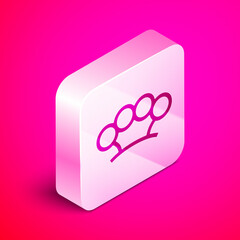 Isometric Brass knuckles icon isolated on pink background. Silver square button. Vector