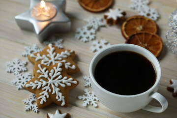 cup of coffee and christmas cookies