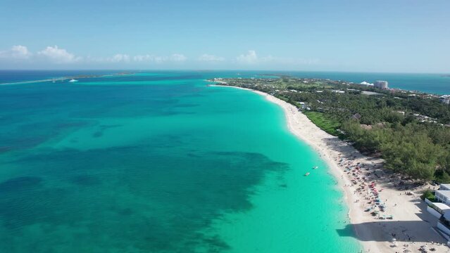 The drone aerial footage of  Cabbage beach, Paradise Island, Bahamas.