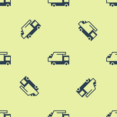 Blue Garbage truck icon isolated seamless pattern on yellow background. Vector