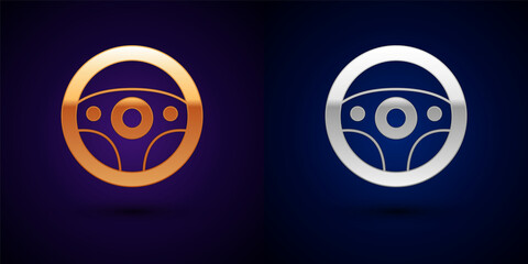 Gold and silver Steering wheel icon isolated on black background. Car wheel icon. Vector