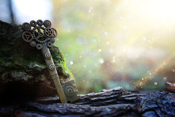 An ancient key on the stone with moss in the forest - obrazy, fototapety, plakaty