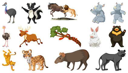 Set of different wild animals cartoon characters