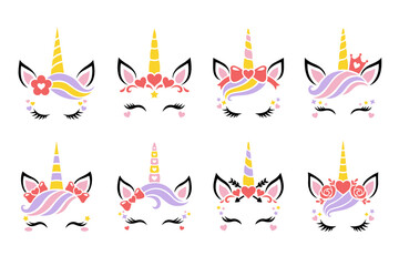 Cute unicorn face vector. Set for Valentines Day. Funny faces with heart, flower wreath, glasses, crown, hair bow,unicorn horn for girls. Magic characters. Illustrations isolated on white background. © Volha Shybut