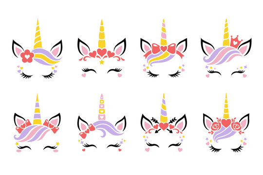 Cute unicorn face vector. Set for Valentines Day. Funny faces with heart, flower wreath, glasses, crown, hair bow,unicorn horn for girls. Magic characters. Illustrations isolated on white background.