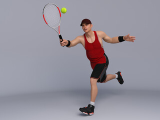 3D Render : Full body portrait of male tennis player is performing and acting in training session
