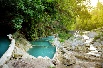 Bagni San Filippo, hot spring containing calcium carbonate deposits, which form white concretions and waterfalls. Geothermal pools and hot springs in Tuscany, Italy.