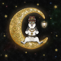 Obraz premium A dog husky sits on the steampunk moon with a vintage street lamp on the star night sky.