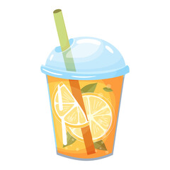 Orange juice or lemonade. Summer cocktail in a transparent glass with a straw. Beverages. Vector illustration isolated on white background.