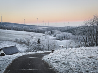 winter landscape with wind turbines