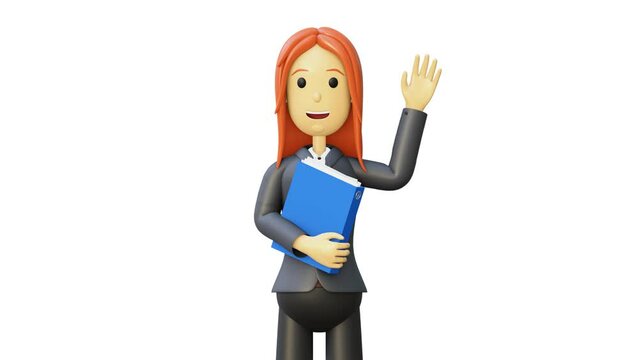 3d woman character. Cartoon businesswoman with folder in hands. Office worker greets colleagues. 3d render. Friendly employee of the company. Full hd animation with alpha channel in cartoon style.
