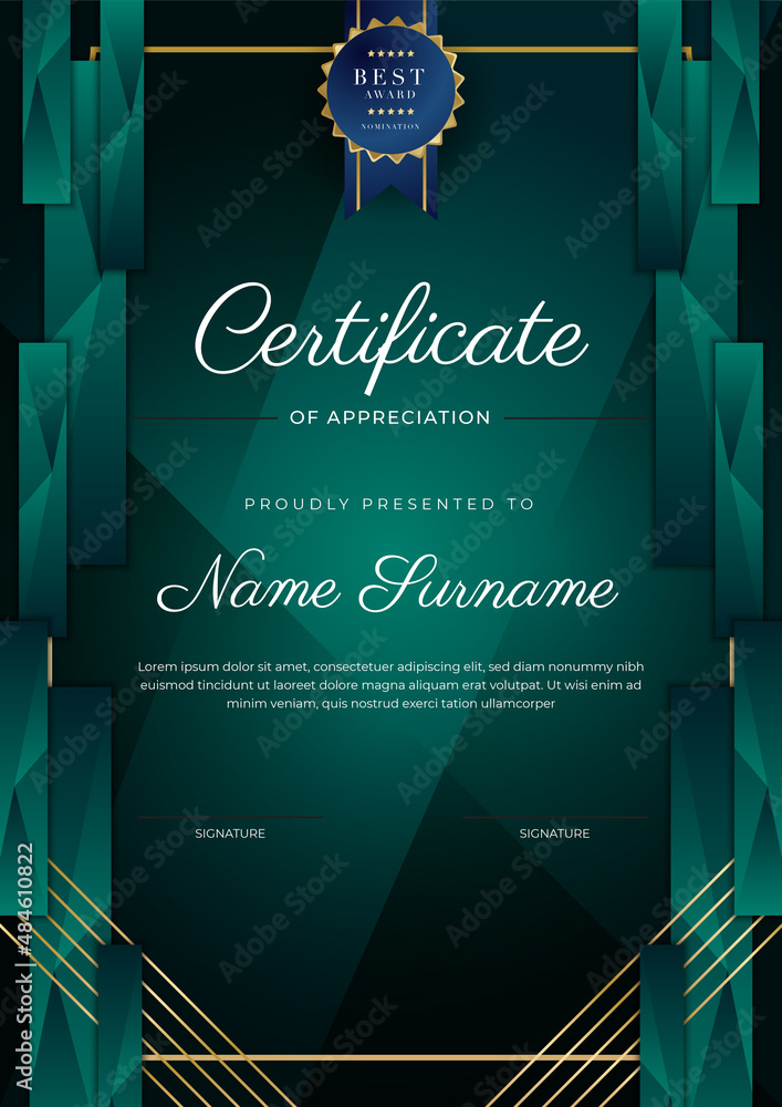 Wall mural Certificate of appreciation template, gold and black green color. Clean modern certificate with gold badge. Certificate border template with luxury and modern line pattern. Diploma vector template