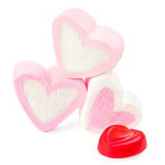 Fototapeta premium Sweet heart shape Marshmallow isolated on white background with red chocolate candy. Valentines Day concept.