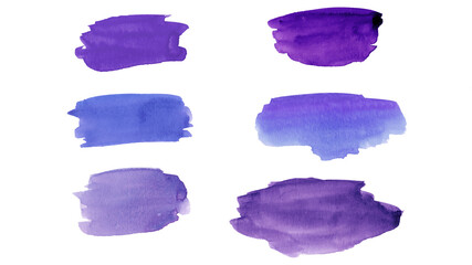 Set of abstract colorful different shades of purple violet watercolor splash brushes texture illustration art paper - Aquarelle painted, isolated on white background, canvas for design, hand drawing