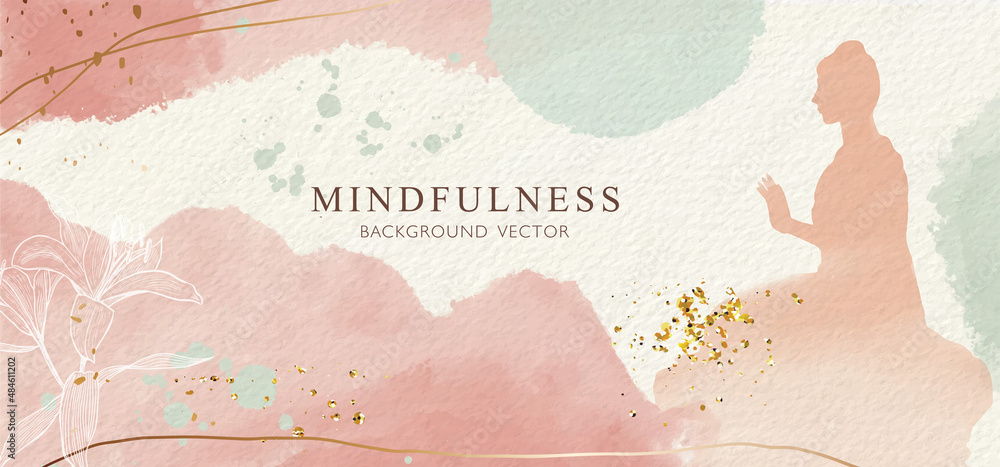 Poster abstract watercolor background with buddha, gold texture and hand drawn lily flower. vector