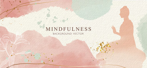 Abstract watercolor background with Buddha, gold texture and hand drawn Lily flower. Vector - obrazy, fototapety, plakaty