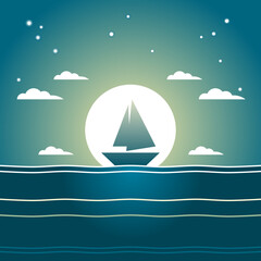 Naklejka premium Sailboat floating in blue ocean sea with full moon and stars at night flat icon design.