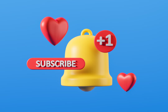 Yellow bell subscription notification on blue background. Subscribers, likes, subscriptions to the channel. 3d rendering