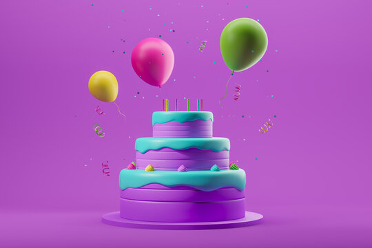 Birthday cake with gel balloons and candles on a purple background. Realistic birthday cake. 3d rendering