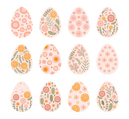 Set cute Easter eggs with floral and abstract pattern. Illustration colorful Easter eggs with flat style. Vector