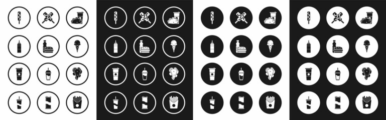 Set Paper glass and taco with tortilla, Bottle of water burger, Sauce bottle, Ice cream, in waffle cone, Sandwich and icon. Vector