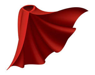 Superhero red cape. Scarlet fabric silk cloak in front view. Carnival masquerade dress, realistic costume design. Flying Mantle costume - obrazy, fototapety, plakaty