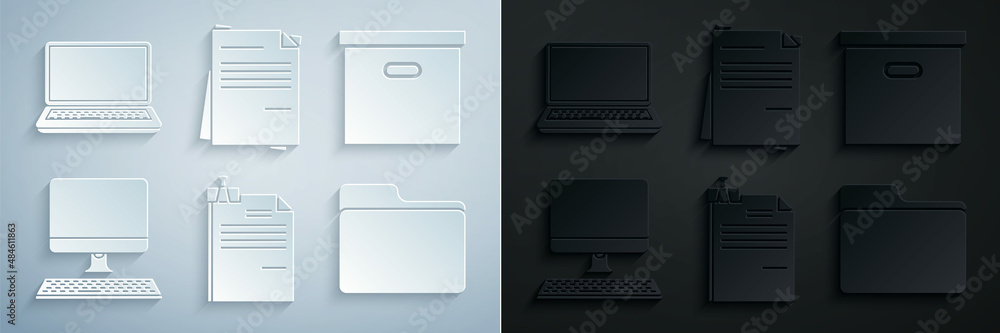 Poster set file document and binder clip, carton cardboard box, computer monitor with keyboard, document fo