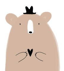 Cute Hand Drawn Brown Teddy Bear Vector Illustration. Lovely Nursery Art with Big Dreamy Big Bear Holding Little Heart on a White Background for Wall Art, Poster, Valentine's Day Card, Decoration.