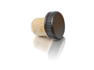 Bottle stopper lying on a mirror surface, close-up. Isolated on a white background with reflection