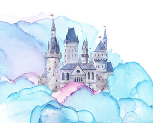 Watercolor fantasy castle. Sky kingdom with ink clouds. Fairytale illustration