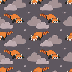 Seamless pattern of cute red panda, clouds and stars. Cartoon design animal character flat vector style. Baby texture for fabric, wrapping, textile, wallpaper, clothing.