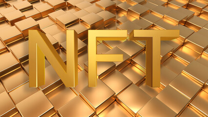 NFT golden 3d word- NFTS technology - cryptocurrency 3d rendering