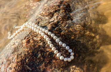 Pearl beads lie on a stone in the water of the bay