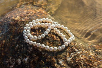 Pearl beads lie on a stone in the water of the bay