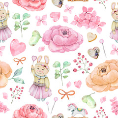 Seamless pattern with watercolor elements on the theme of love, valentine's day, flowers: bunnies, peonies, hydrangeas and petals, hearts, twigs, berries, buttons in pink for design