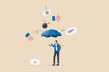 Handle business criticism or negative feedback, manage boss blame, pressure, failure or mistake ashamed concept, confidence businessman hold strong umbrella protect from negative feedback criticism. - obrazy, fototapety, plakaty