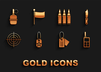 Set Military dog tag, knife, Walkie talkie, Target sport for shooting competition, Bullet, Hand grenade and Flag icon. Vector