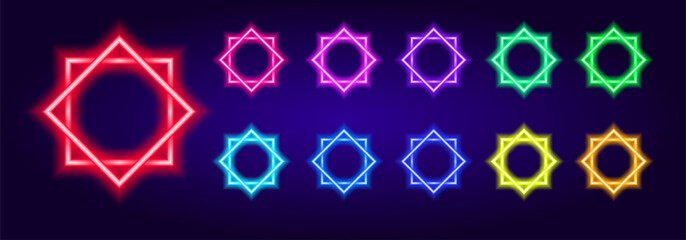 A set of multicolored neon frames made of intersecting squares. A collection of geometric shapes of rhombuses pattern bright glows in the dark with red, green and blue colors with an empty space for t