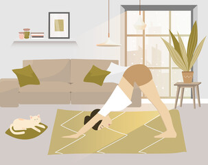 Stay home concept. Girl practicing yoga, meditation. Woman doing exercise in cozy modern interior.