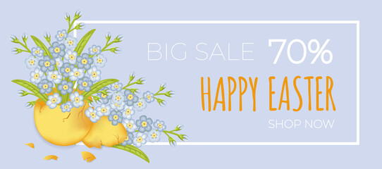  Vector banner sale.Happy easter concept with forget me not flowers in eggshell. Design in pastel colors. Can be used background, flyers, posters, cover, postcard.