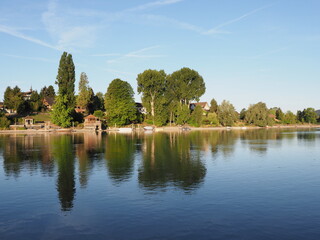 Scenic Rhine River in european STEIN AM RHEIN town in SWITZERLAND