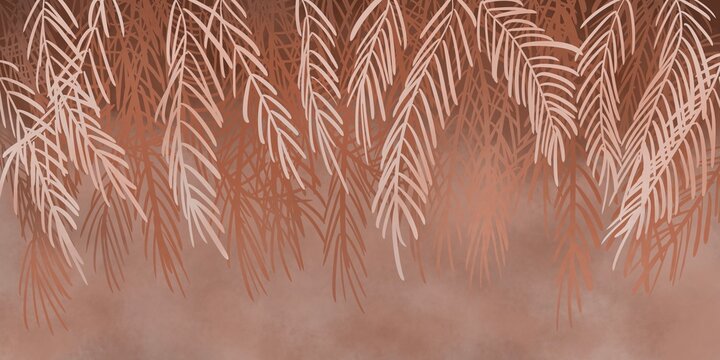 Palm leaves, palm branches, tropical leaves. Abstract watercolor paint background grunge texture. Interior Wallpaper. Mural for the walls, fresco for the room, interior grunge style