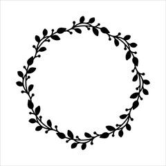 Vector hand drawn spring wreath isolated on white background. Silhouette circle of leaves. Doodle style. Floral frame.