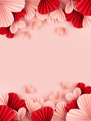 Heap gentle pink and red hearts of chinese paper fans flying on pink color as header, footer border, top view, copy space, vertical. Valentines day background for design, card, text, advertising.