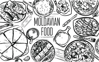 Vector hand drawn illustration of moldavian food. National kitchen of Moldova