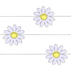 Three purple chamomile drawn in one line on a white background.
